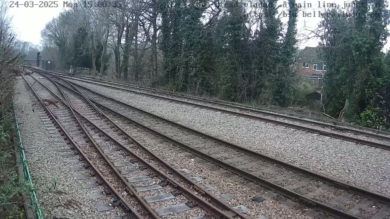 Multiple train tracks diverge on a gravel bed, bordered by trees and a house in the distance under an overcast sky.