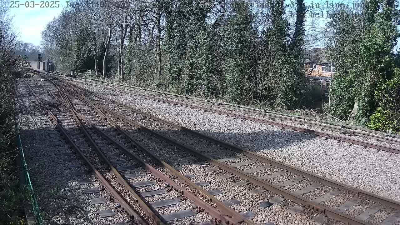 Train tracks diverge into two paths amidst a sunny day with leafless trees and a small house visible in the distance.