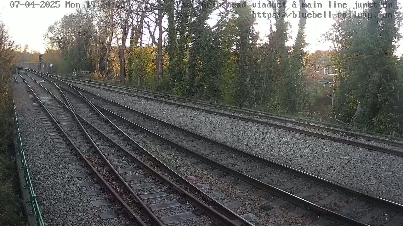 Several train tracks diverge amidst a gravel bed, bordered by trees and shrubs under a partly sunny sky.