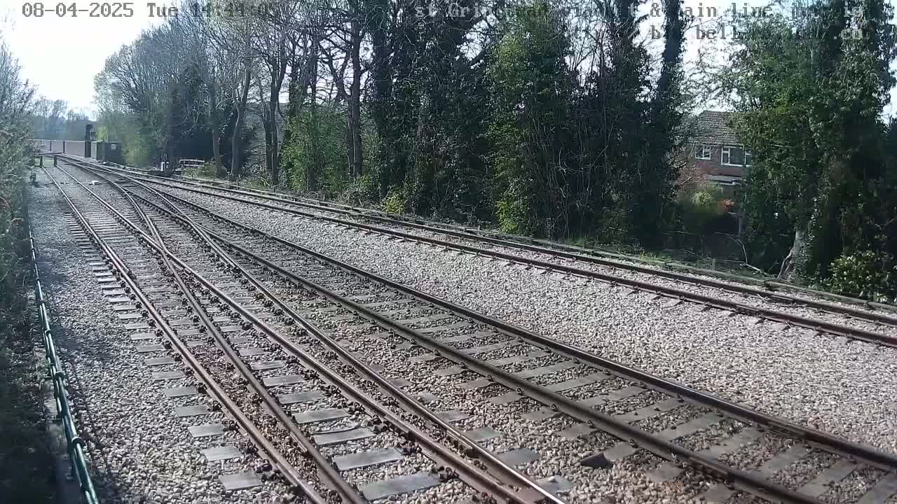 A view of a railway track splitting into two paths, surrounded by trees under a bright, sunny sky.