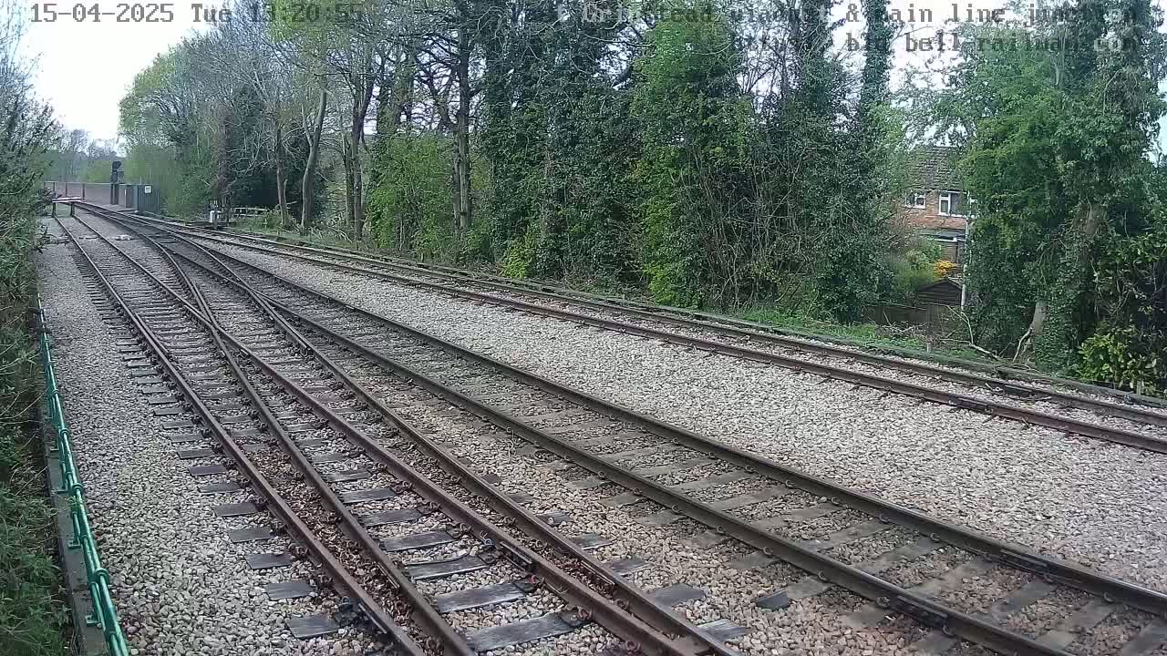 A view of railway tracks splitting into two diverging paths, surrounded by lush green trees and vegetation under an overcast sky.