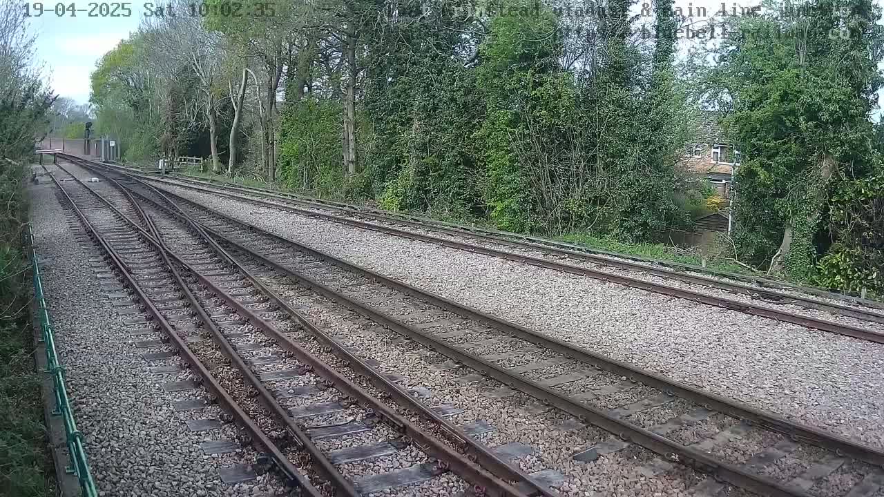 Three sets of train tracks diverge from a point, surrounded by lush green vegetation under a partly cloudy sky.