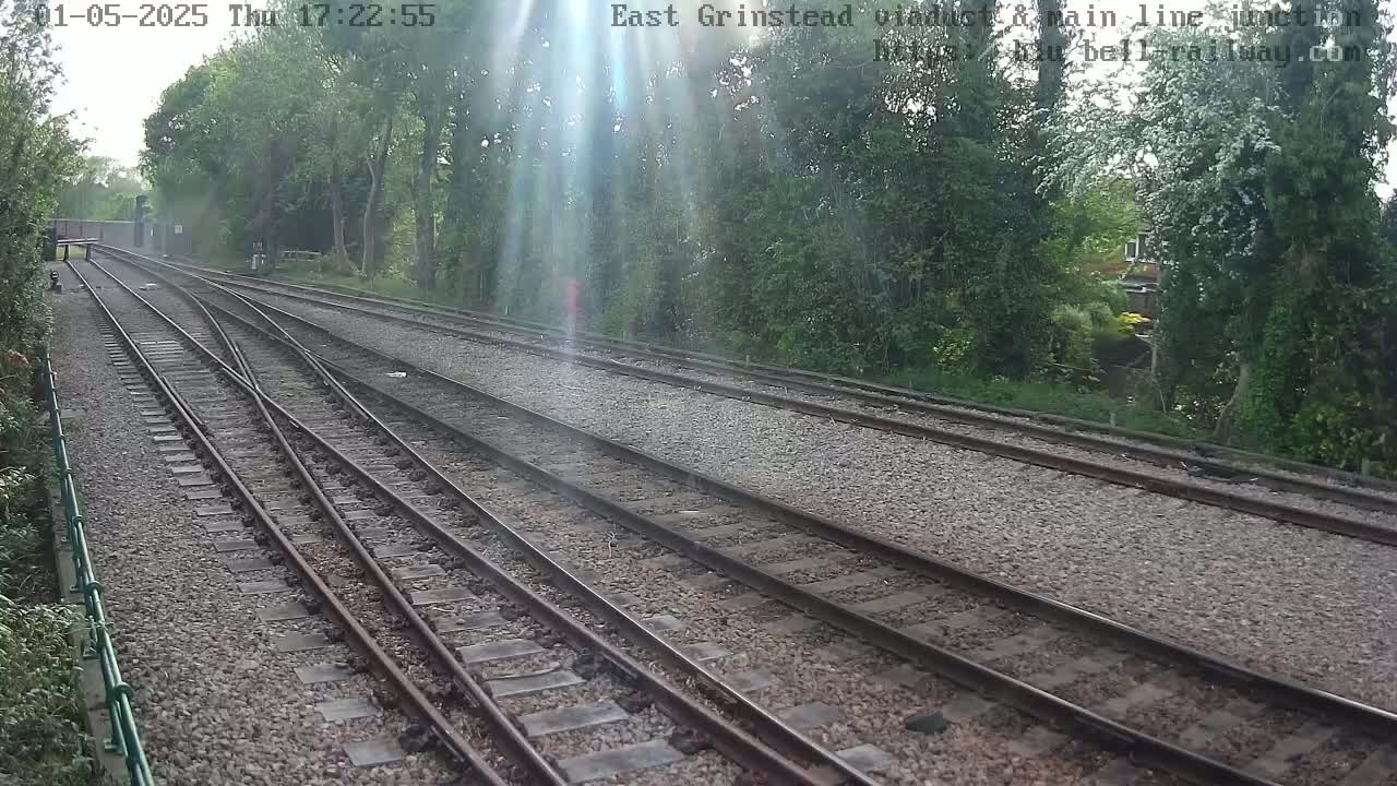 Multiple train tracks diverge amidst sunny, partly cloudy weather, surrounded by lush green trees and vegetation.