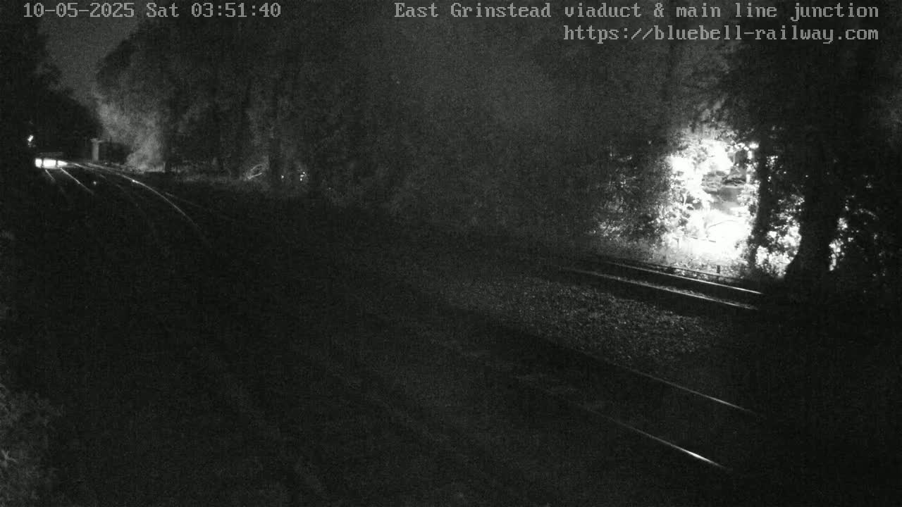 A nighttime, low-light image shows a dimly lit railroad track curving through a wooded area.