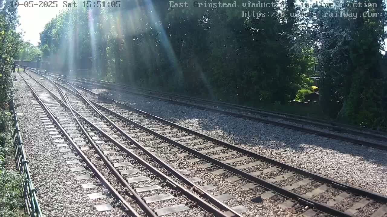 Sunbeams shine through trees onto a railway track splitting into two diverging lines.