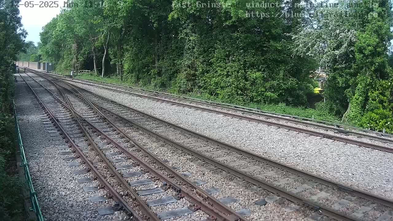 A view of a railway track splitting into two diverging lines, on a sunny day, surrounded by lush green trees and vegetation.