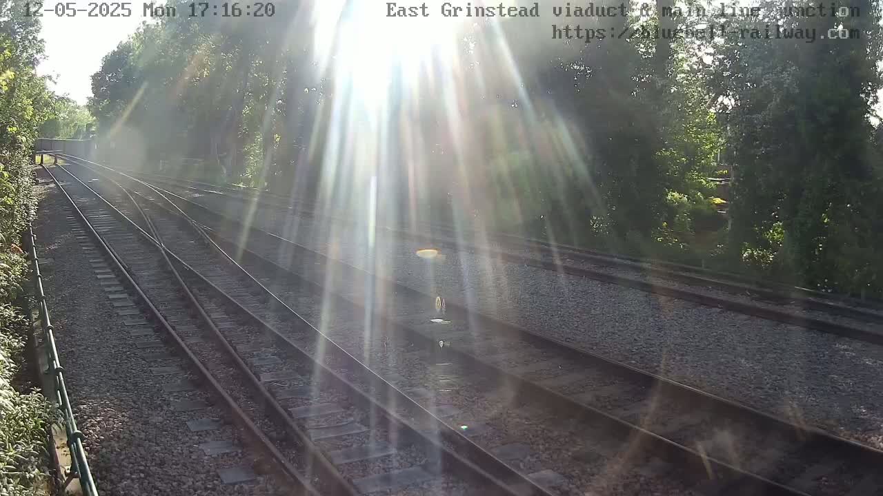 Converging railway tracks are bathed in bright sunlight streaming through trees on a sunny day.