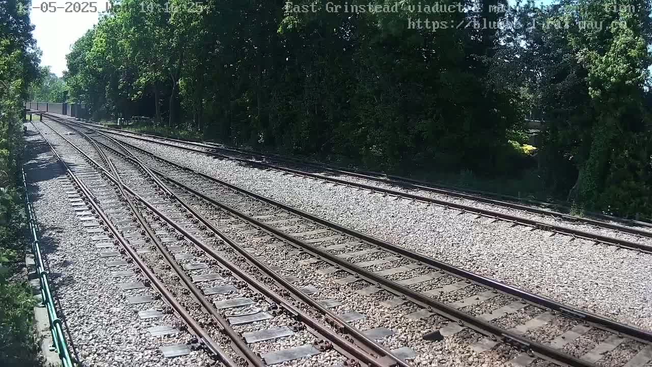 A sunny day view of a railway track splitting into two directions, surrounded by lush green trees.
