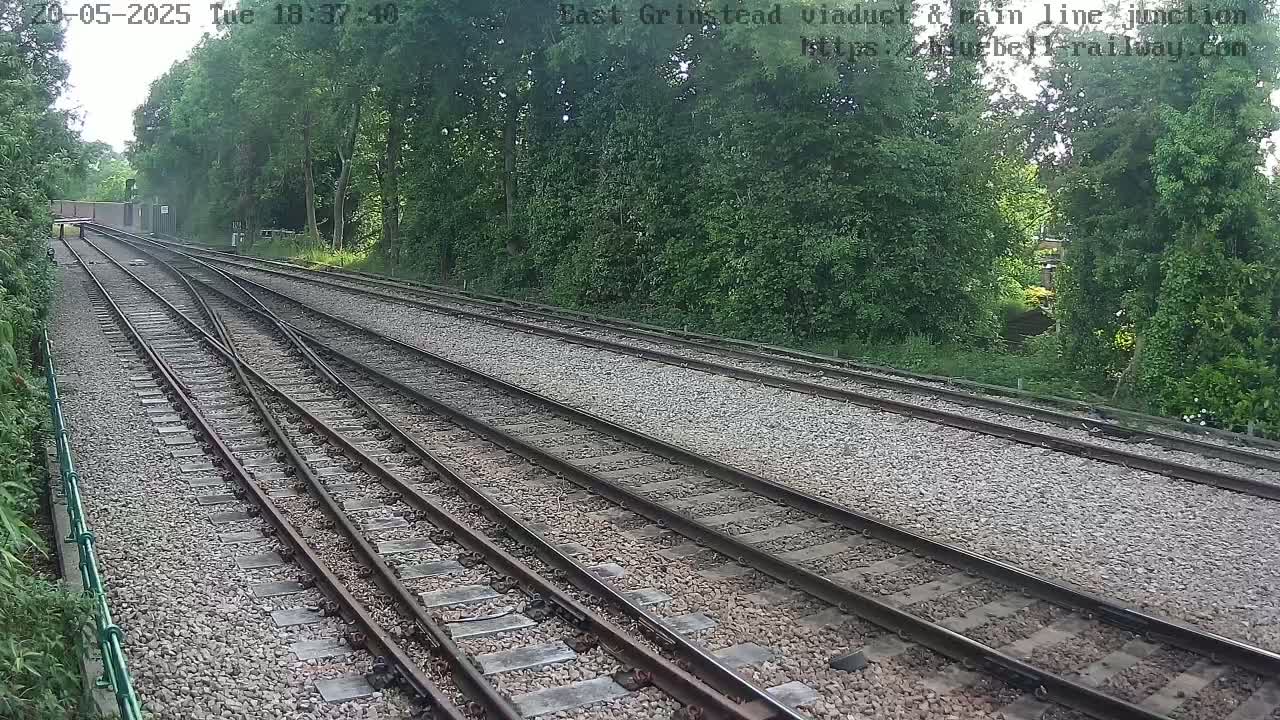 A high-angle view of a railway track junction, surrounded by lush green trees on a seemingly clear day.