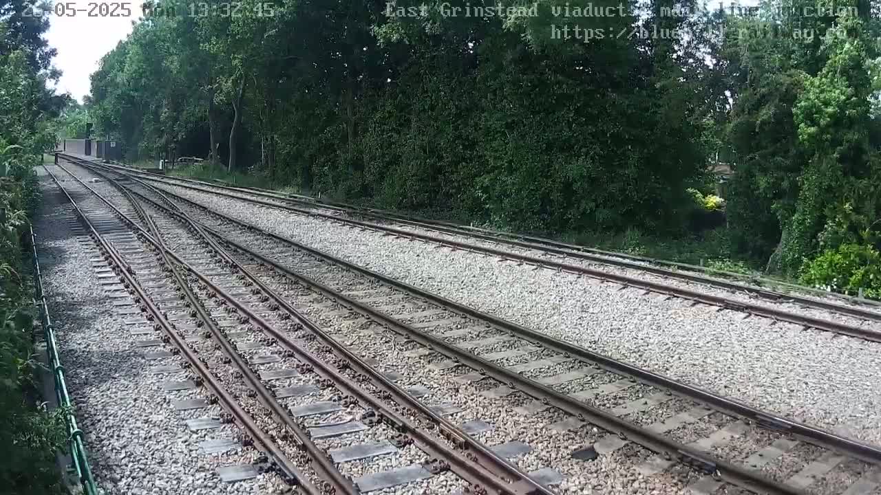 A view from a train shows multiple railway tracks splitting and curving through a wooded area on a partly cloudy day.