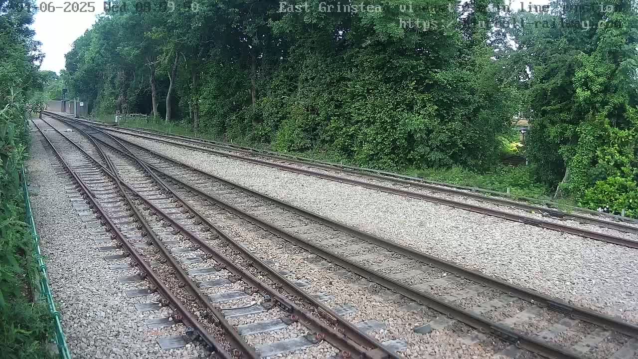 A view of railway tracks splitting into two diverging lines, bordered by lush green trees and under a partly cloudy sky.