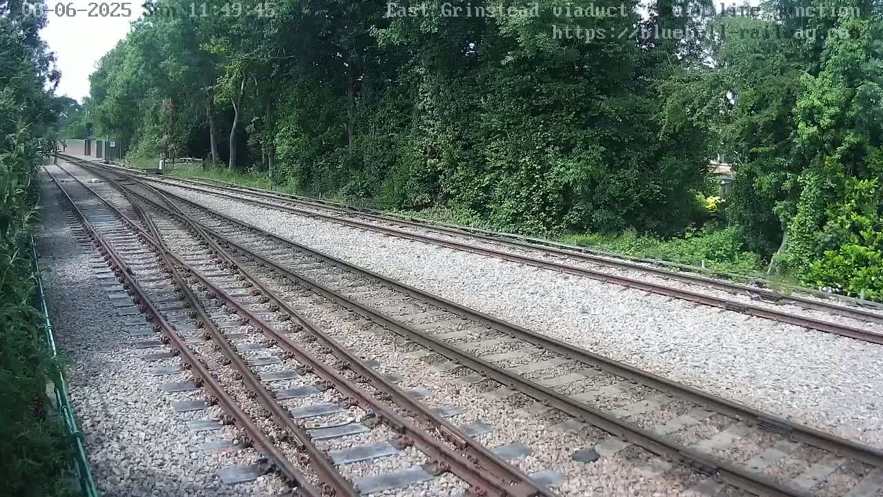 A view of a train track splitting into two diverging paths, surrounded by lush green trees on a partly sunny day.