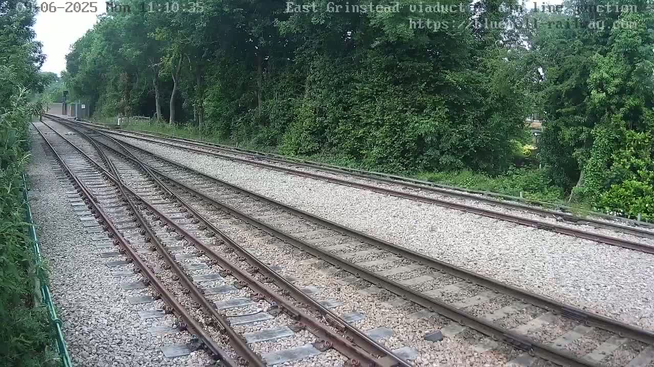 Train tracks diverge amidst lush green trees under a partly cloudy sky.