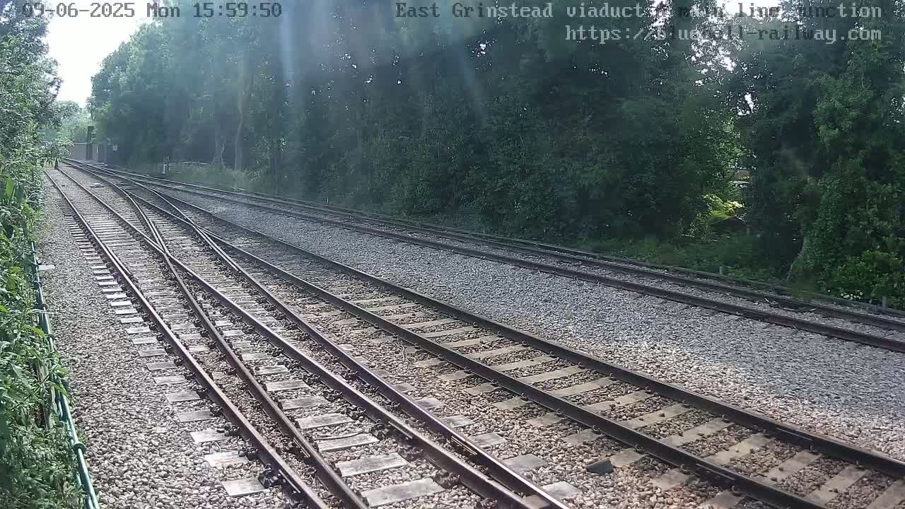 A sunny day view of a railway track branching into two lines, surrounded by lush green trees and foliage.