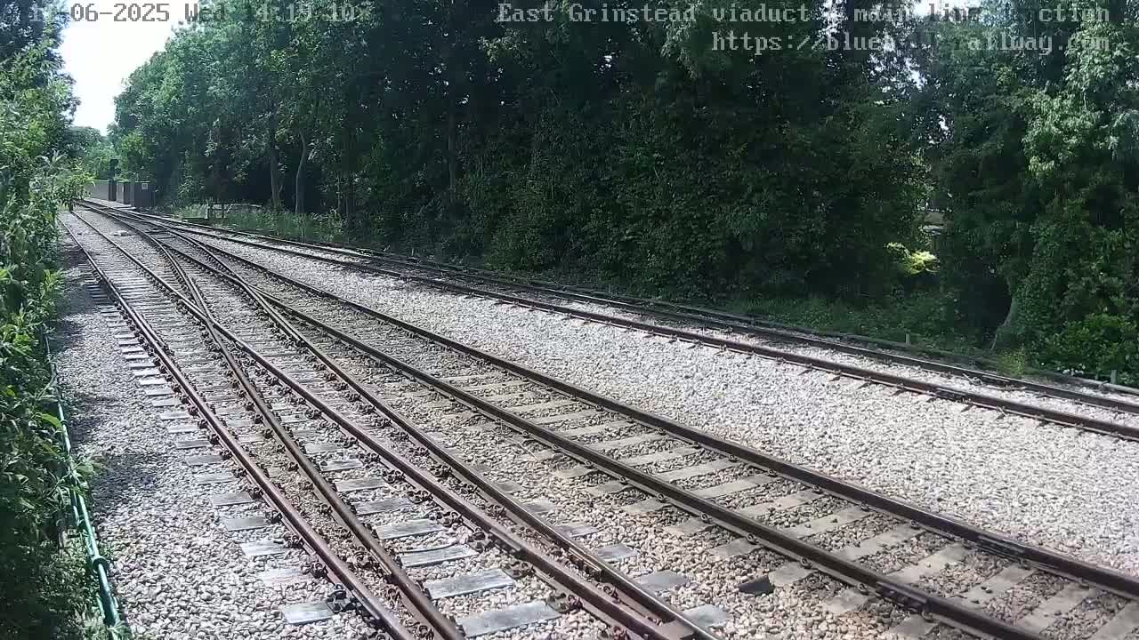 Train tracks diverge through a wooded area on a sunny day.