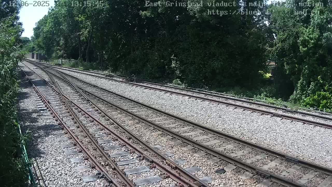 Three sets of train tracks diverge from a point, surrounded by lush green trees under a sunny sky.