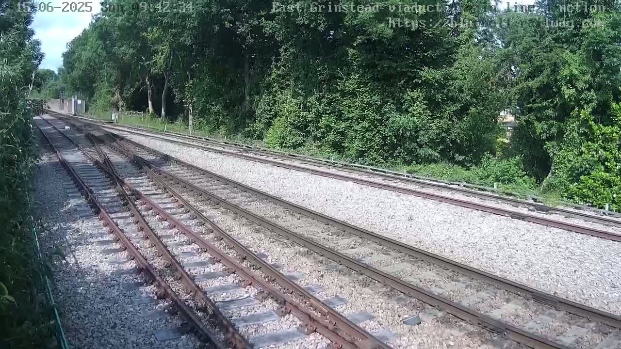 A view of train tracks branching off into a point, set within a gravel bed bordered by lush green trees on a sunny day.