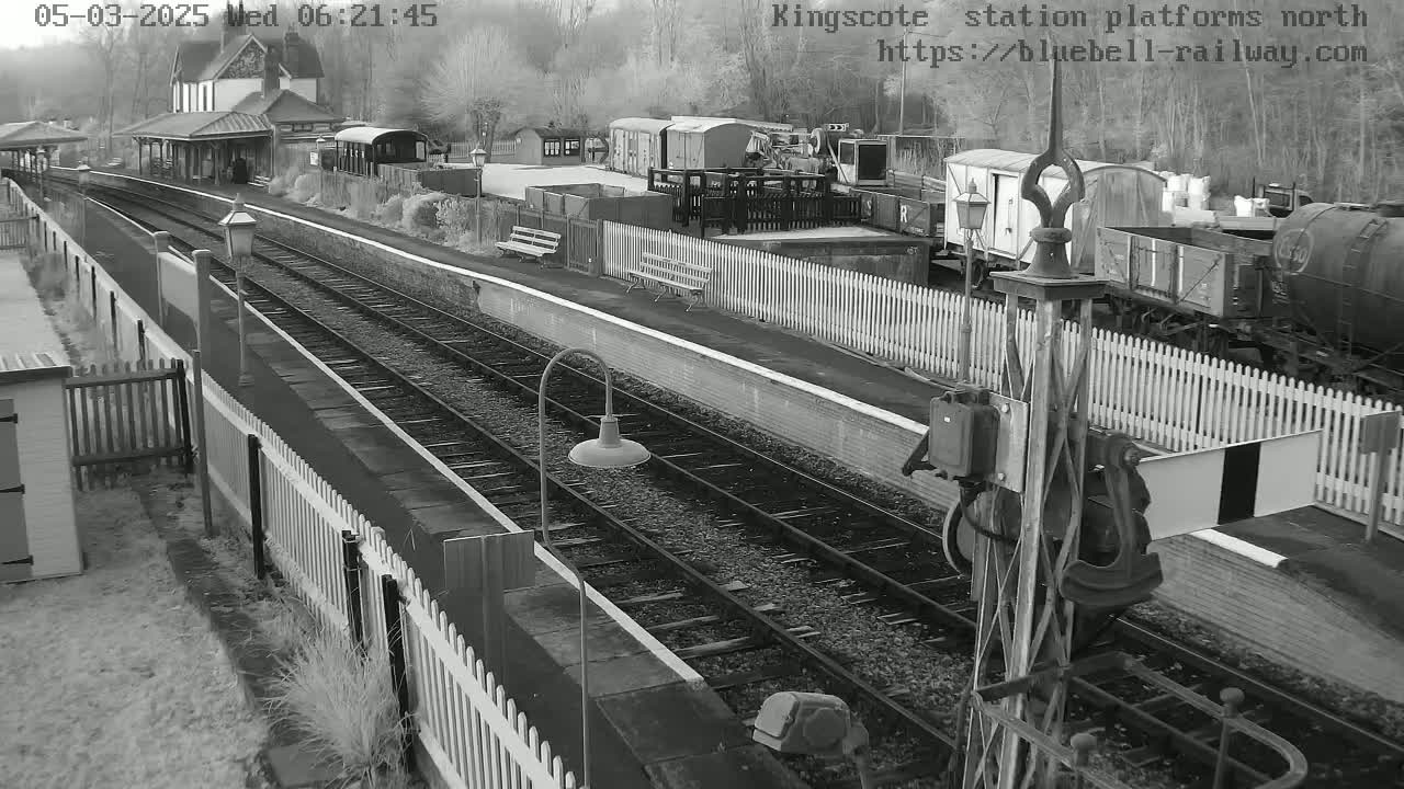 A high-angle, grayscale view of a train station platform with several railway cars and a station building on a cloudy day.