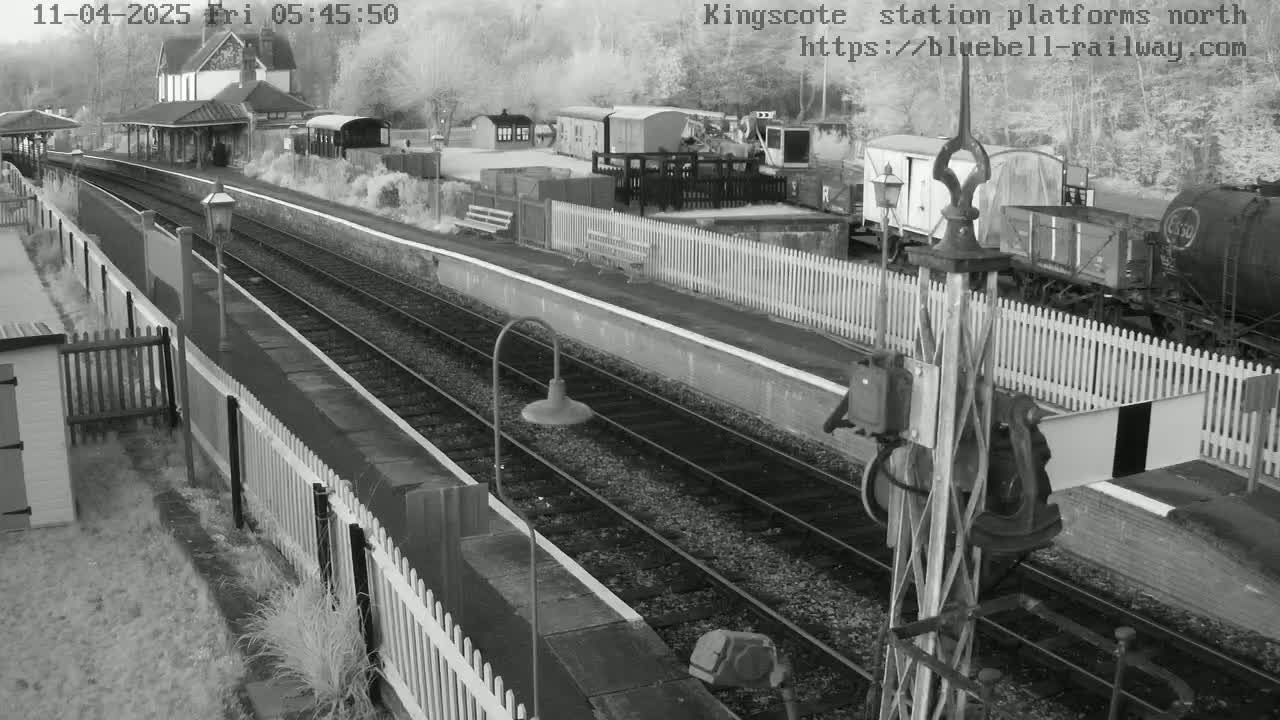 A high-angle grayscale view of a train station platform with several train cars and tracks, under overcast conditions.