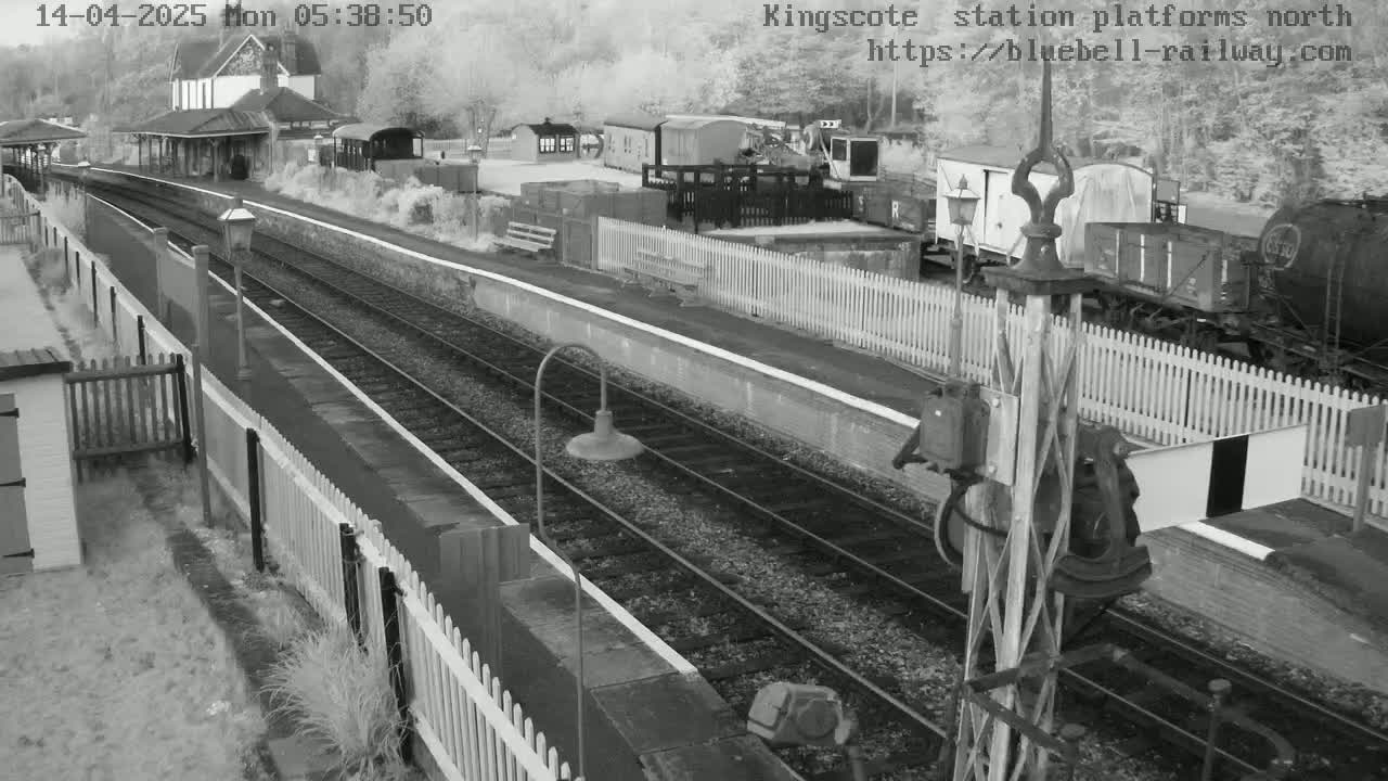 A high-angle, black-and-white view of a train station platform with railway tracks, train cars, and a station building, under a seemingly overcast sky.