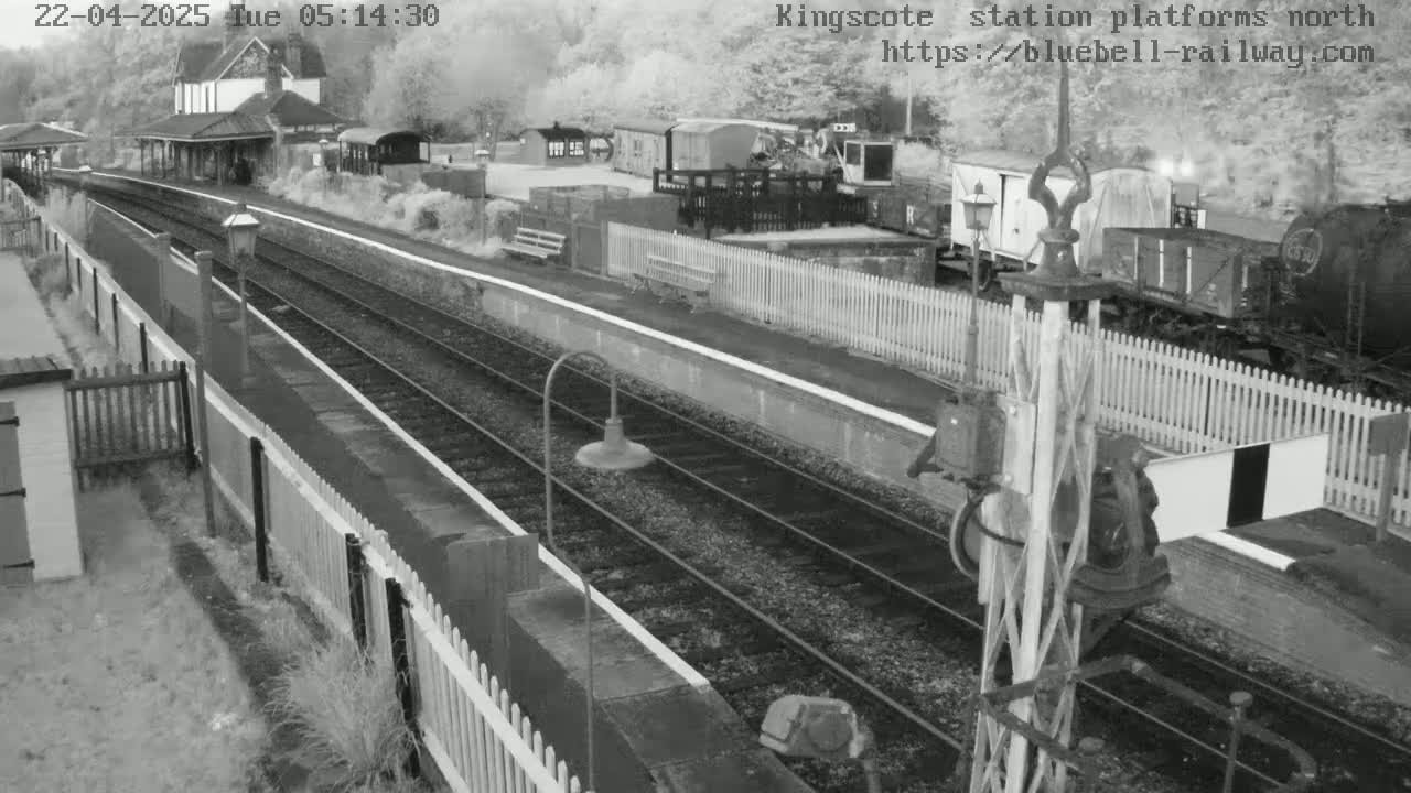 A high-angle, grayscale view of a train station platform with railway tracks, train cars, and a station building on a slightly overcast day.