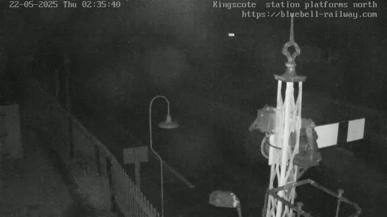 A nighttime, low-light view of a railway signal at a station platform, with a lamppost and a fence visible in the foreground.