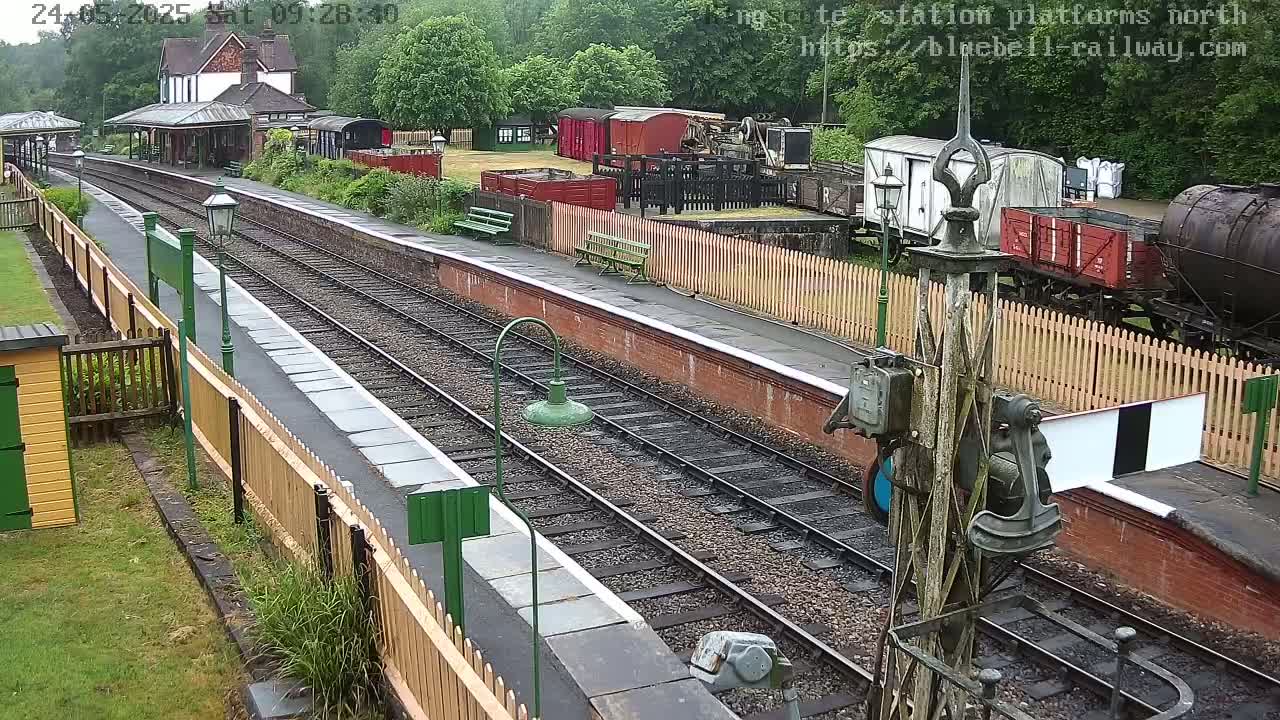 A train station platform with multiple train cars and tracks, surrounded by greenery under overcast skies.