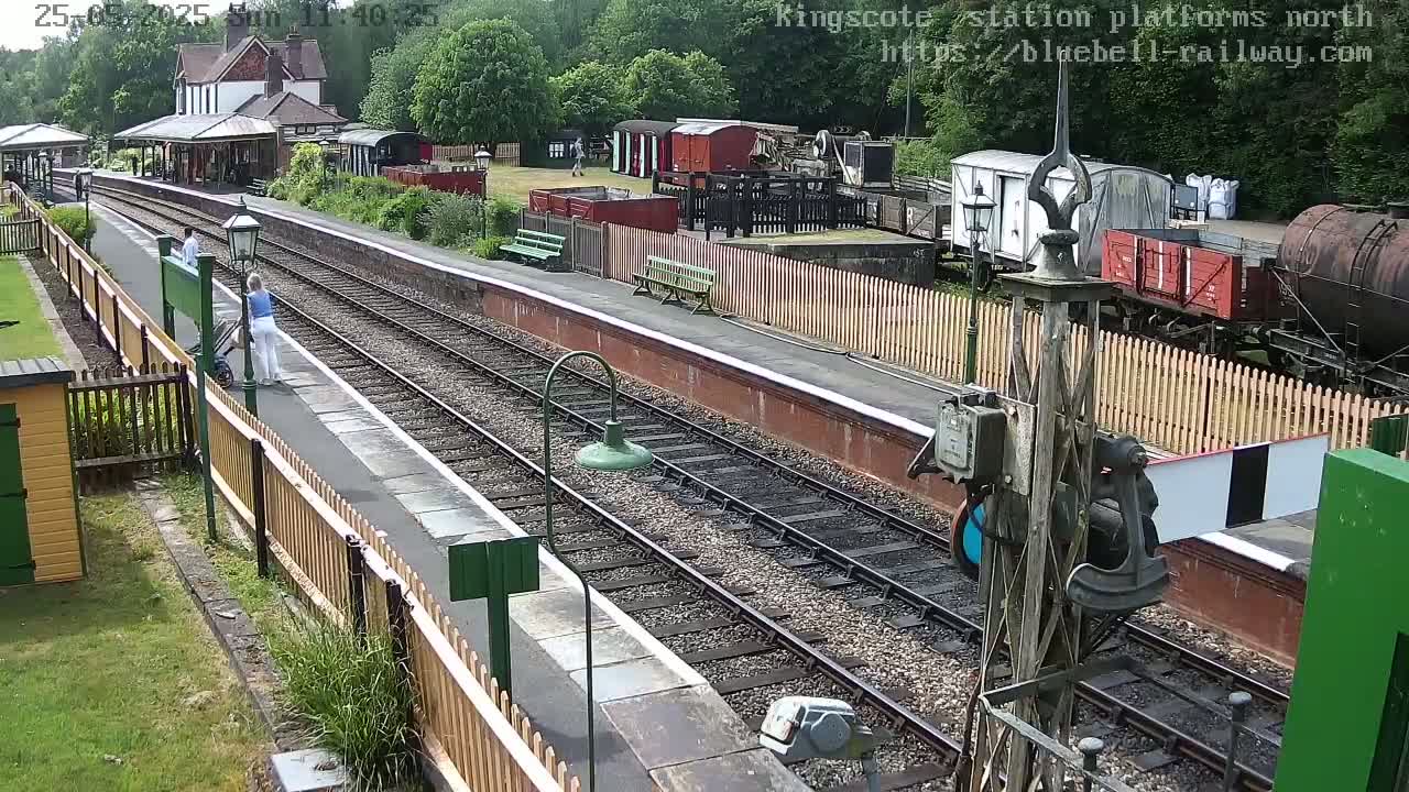 A train station platform with two people walking, railway tracks, and various train cars and buildings in the background on a sunny day.