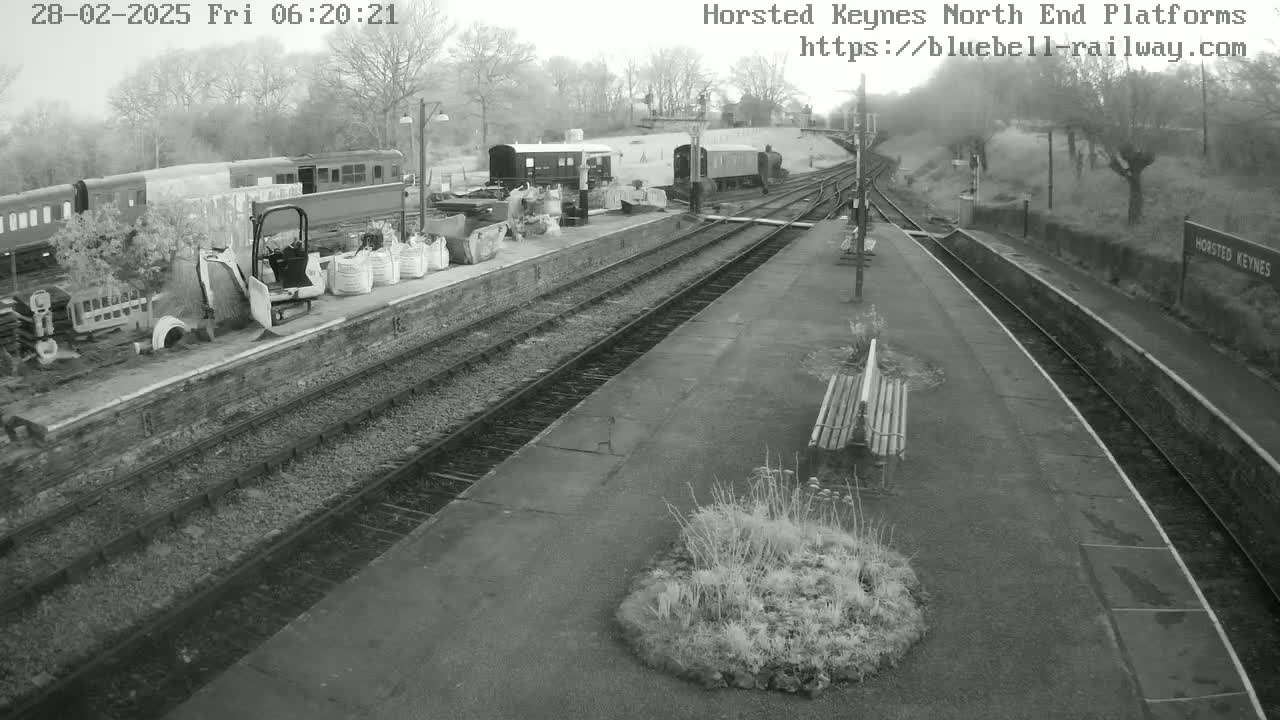 A black and white, overhead view of a train station platform with several trains parked, some construction equipment, and a small patch of plants in the foreground on an overcast day.