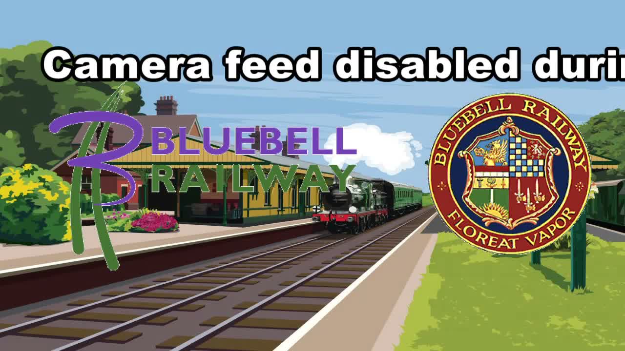 A cartoon-style image depicts a green steam train with carriages at a railway station platform on a clear day, surrounded by green trees, bushes, and pink flowers beside the yellow station building.