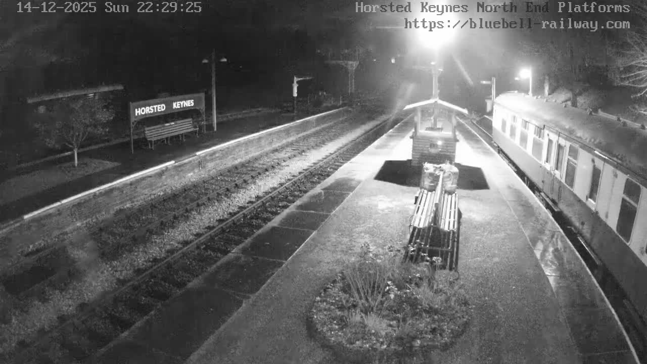 A cartoon-style image depicts a green steam train with carriages at a railway station platform on a clear day, surrounded by green trees, bushes, and pink flowers beside the yellow station building.