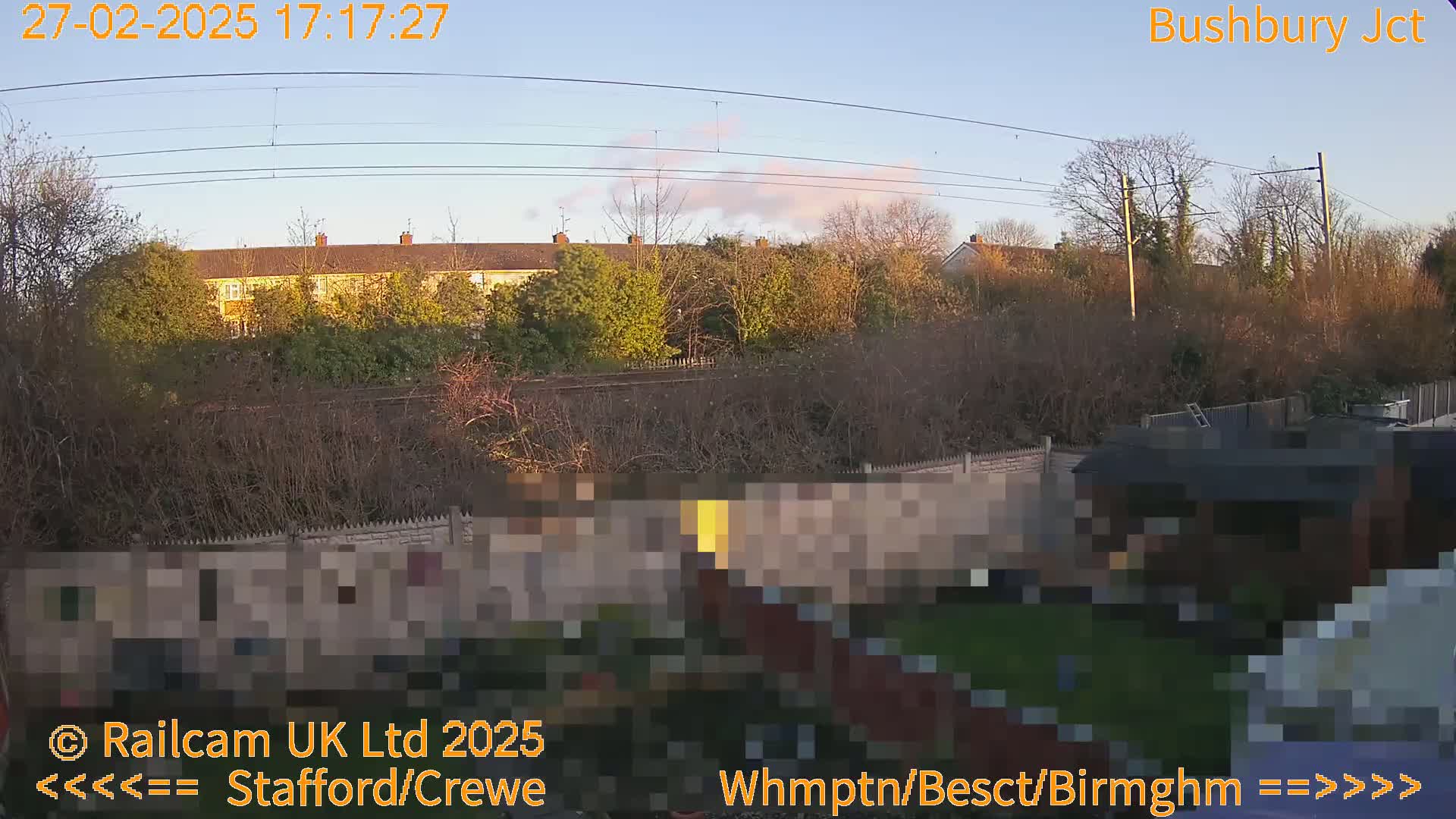 A view of a residential area and a garden, seen from behind a fence under a mostly clear, late afternoon sky.