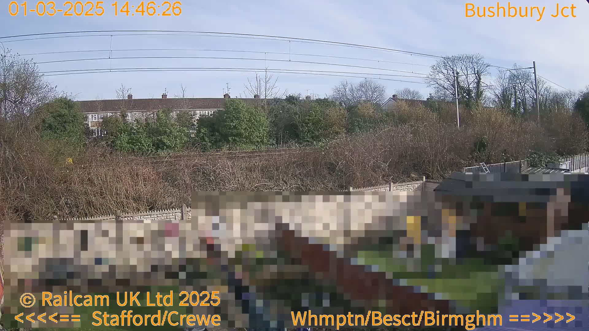 A view from a backyard shows a row of houses beyond a hedgerow and train tracks under a clear sky.