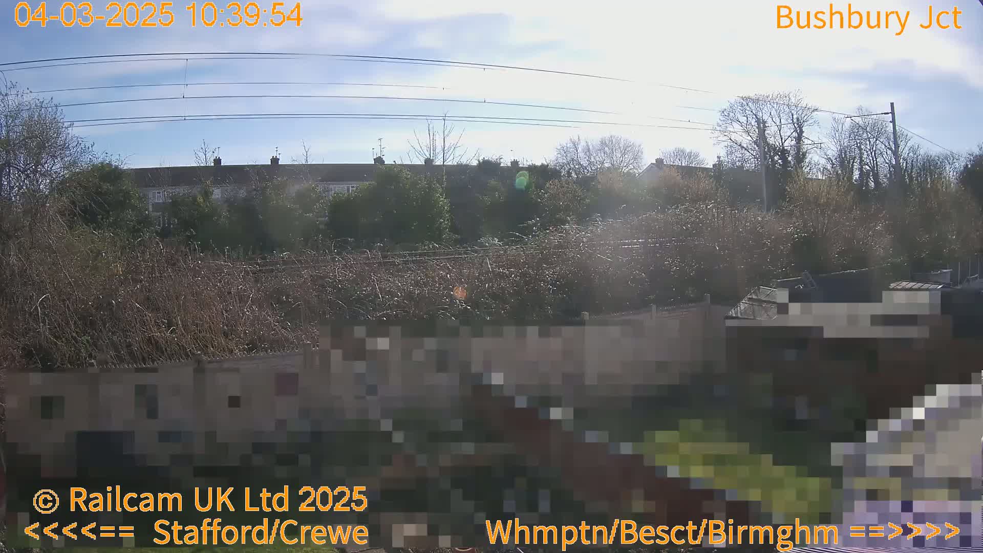 A sunny view of a residential area beyond a fence, with power lines overhead and leafless trees in the background.