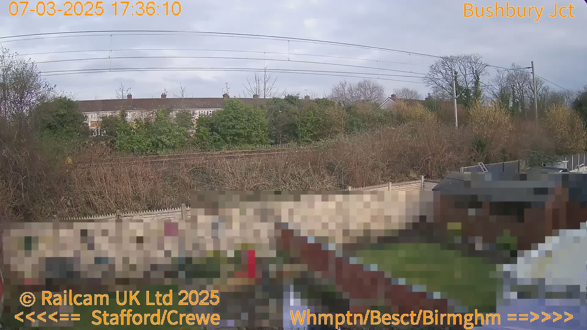 A view of a residential area with a fence, overgrown vegetation, and train tracks in the background under a cloudy sky.