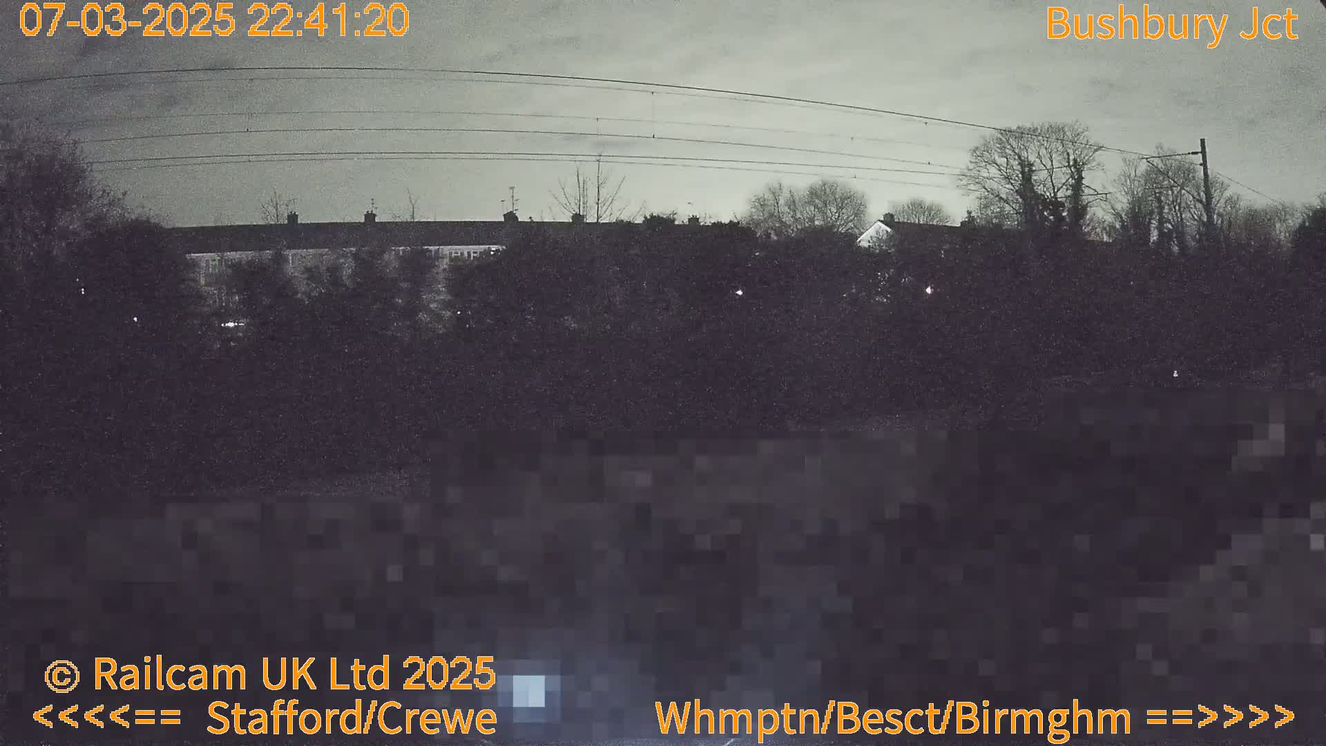 A nighttime, overcast view of houses and trees partially obscured by darkness.