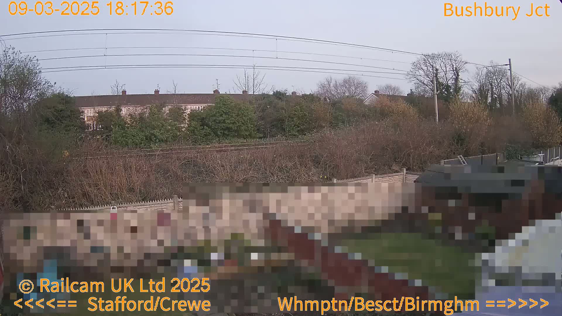 A view of a residential area with a row of houses visible beyond a garden and a fence, under an overcast sky.