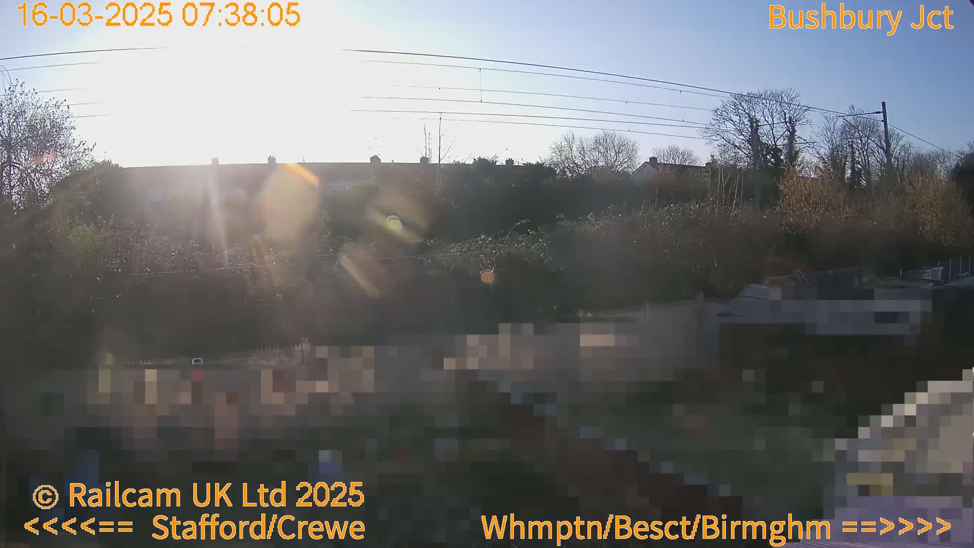 A sunny morning view of rooftops and vegetation behind a fence, with power lines overhead.