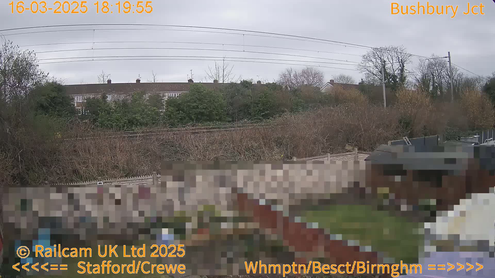 A view of a residential area with overcast skies, showing a row of houses behind a fence and overgrown vegetation, in addition to railway tracks.