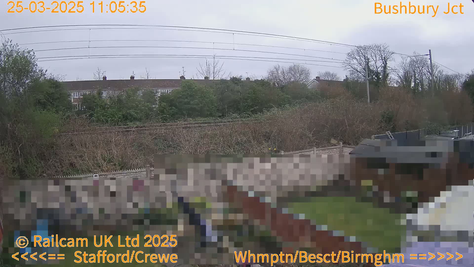 A view of a residential area with overcast skies, showing train tracks, overgrown vegetation, and a garden behind a fence.
