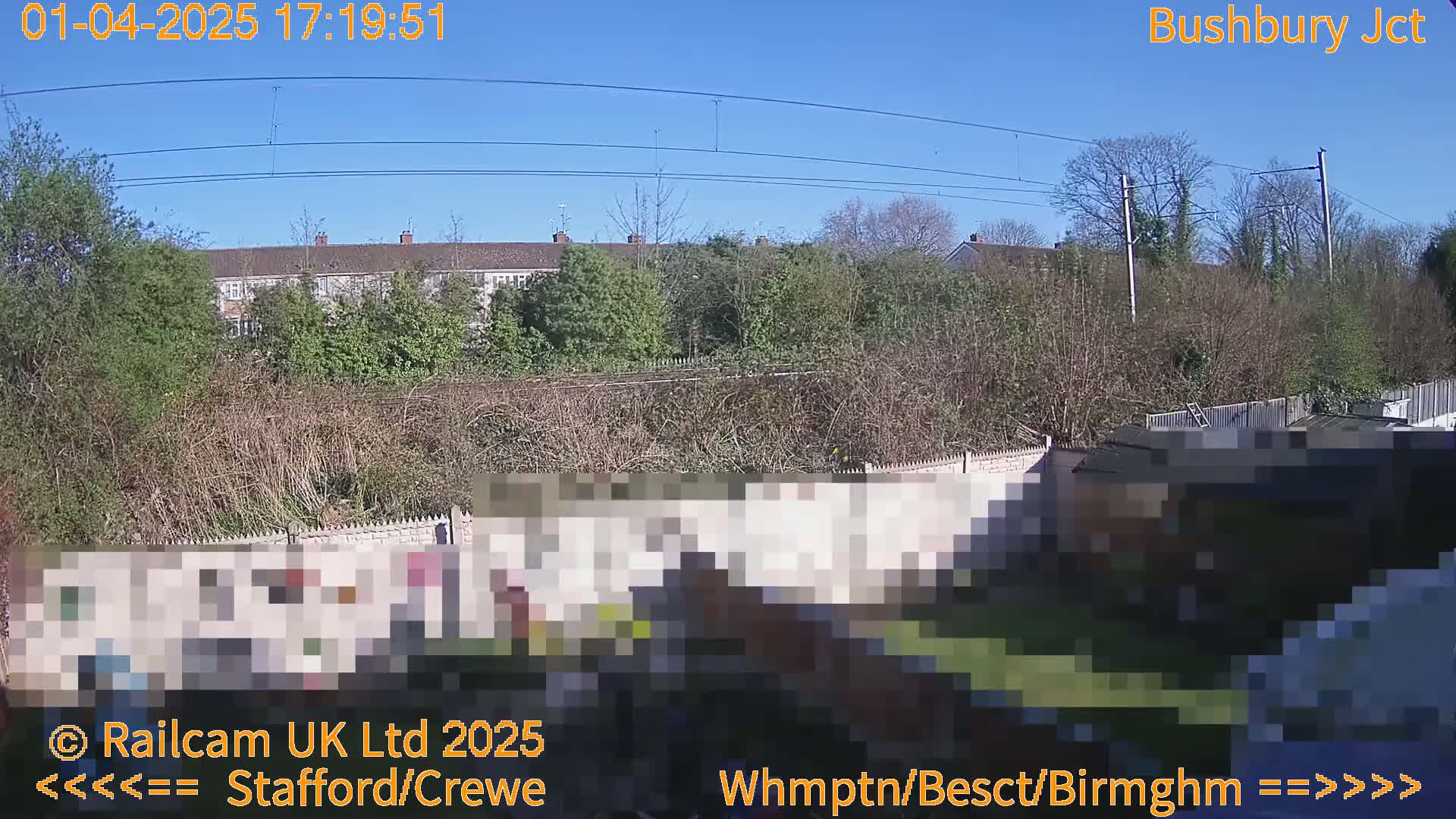 A clear, sunny day view of a backyard with a fence, some buildings in the distance, and power lines overhead.