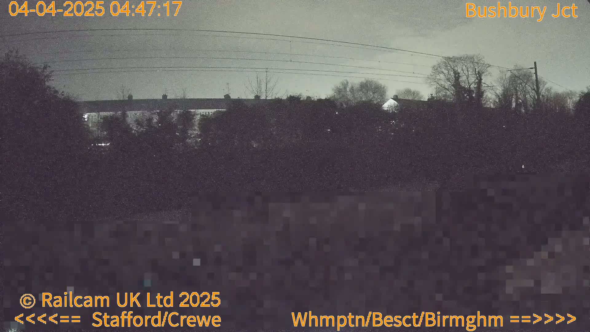 A nighttime, overcast view of houses and trees, partially obscured by darkness, with power lines overhead.