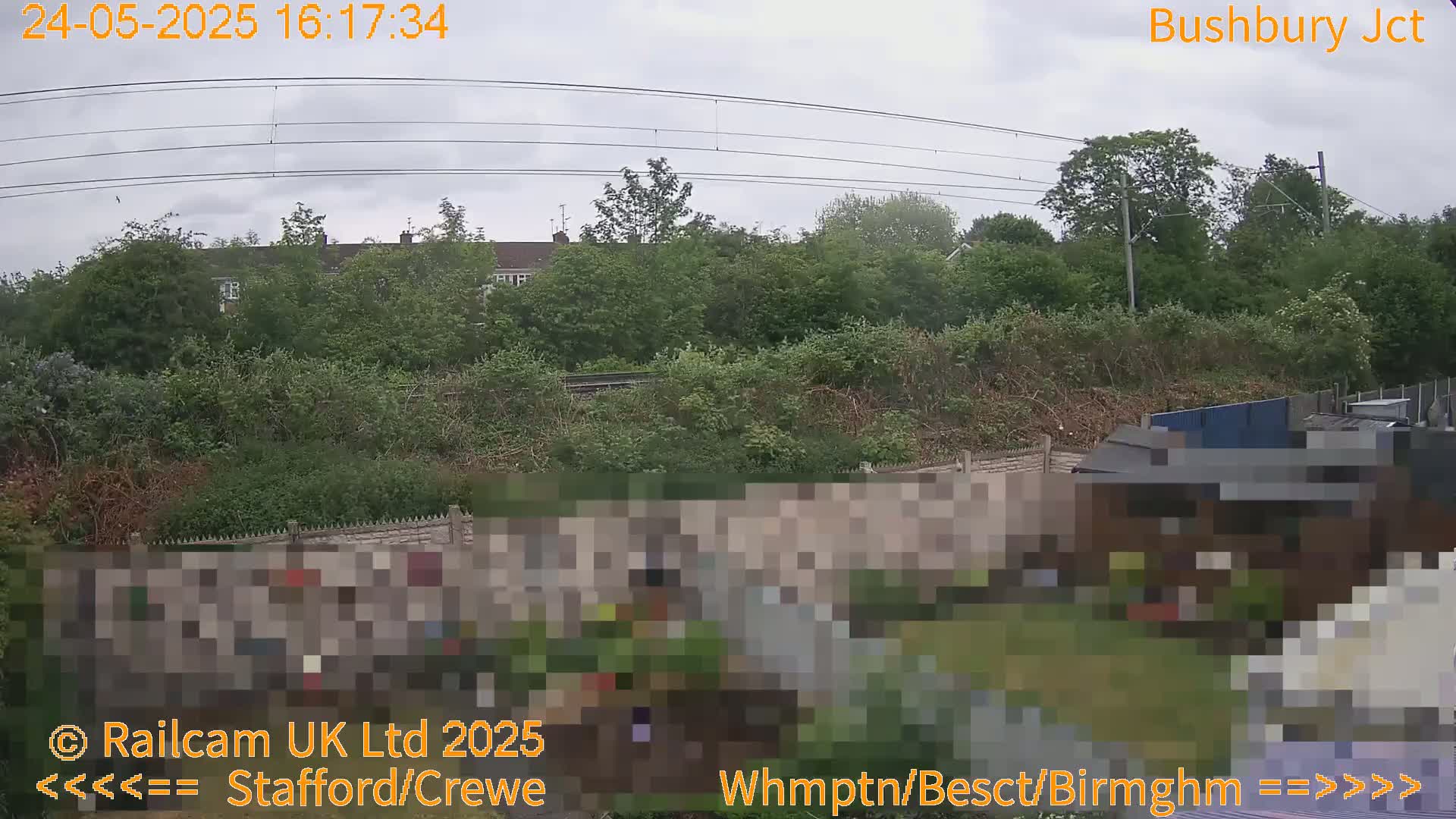 A view of a garden next to railway tracks on an overcast day, with houses and trees in the background.