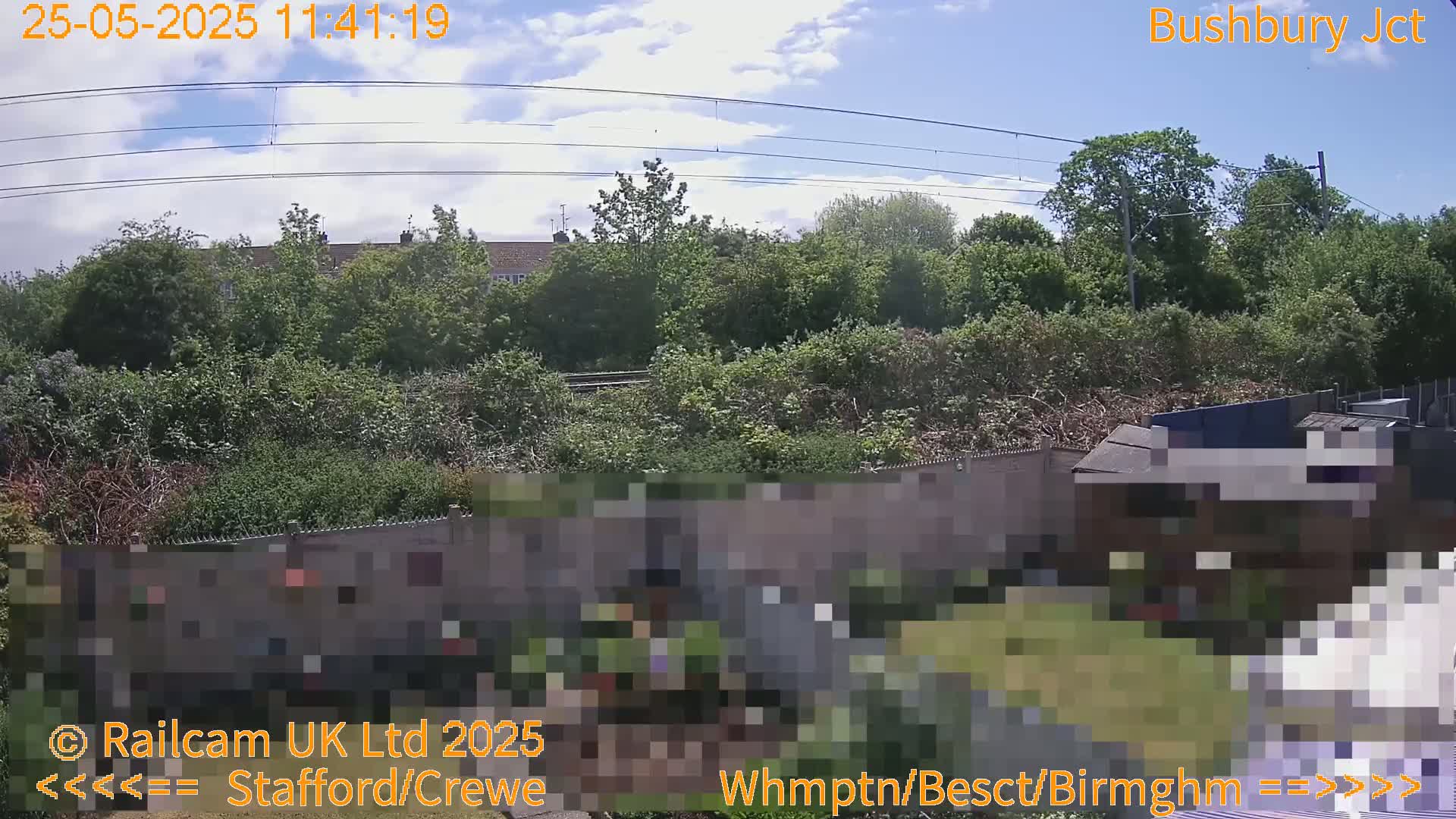 A partly cloudy sky is visible over a backyard scene featuring lush green vegetation, a fence, and a building partially obscured by pixelation.