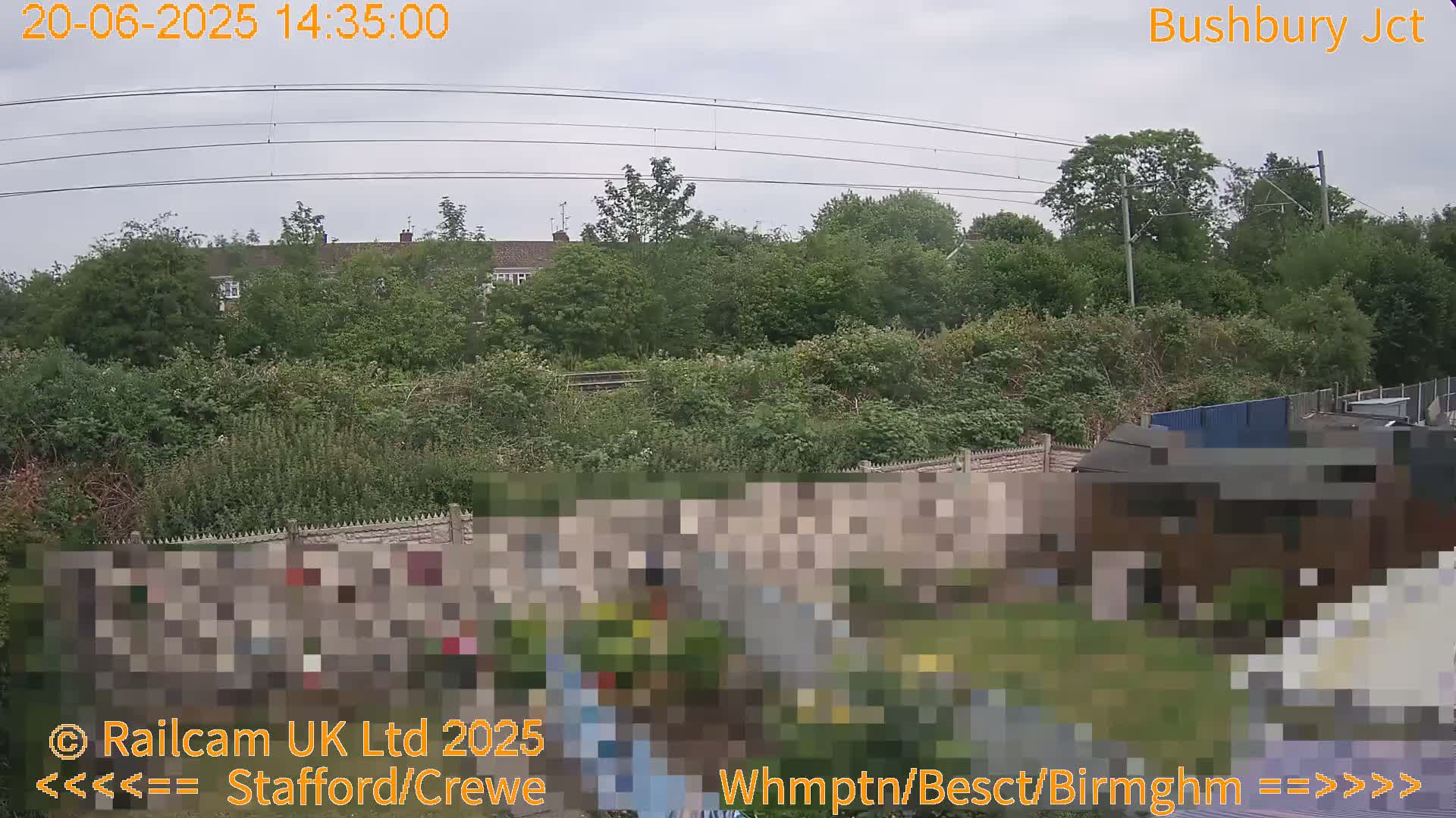 An overcast day reveals a view of houses partially obscured by lush green vegetation, a stone wall, and a small shed-like structure.