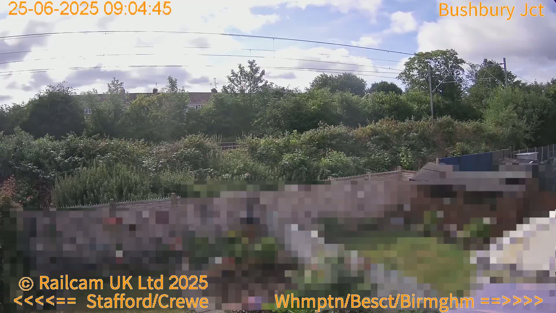 A partly cloudy sky overlooks a lush green landscape with trees, power lines, and a wall separating a garden from the greenery beyond.