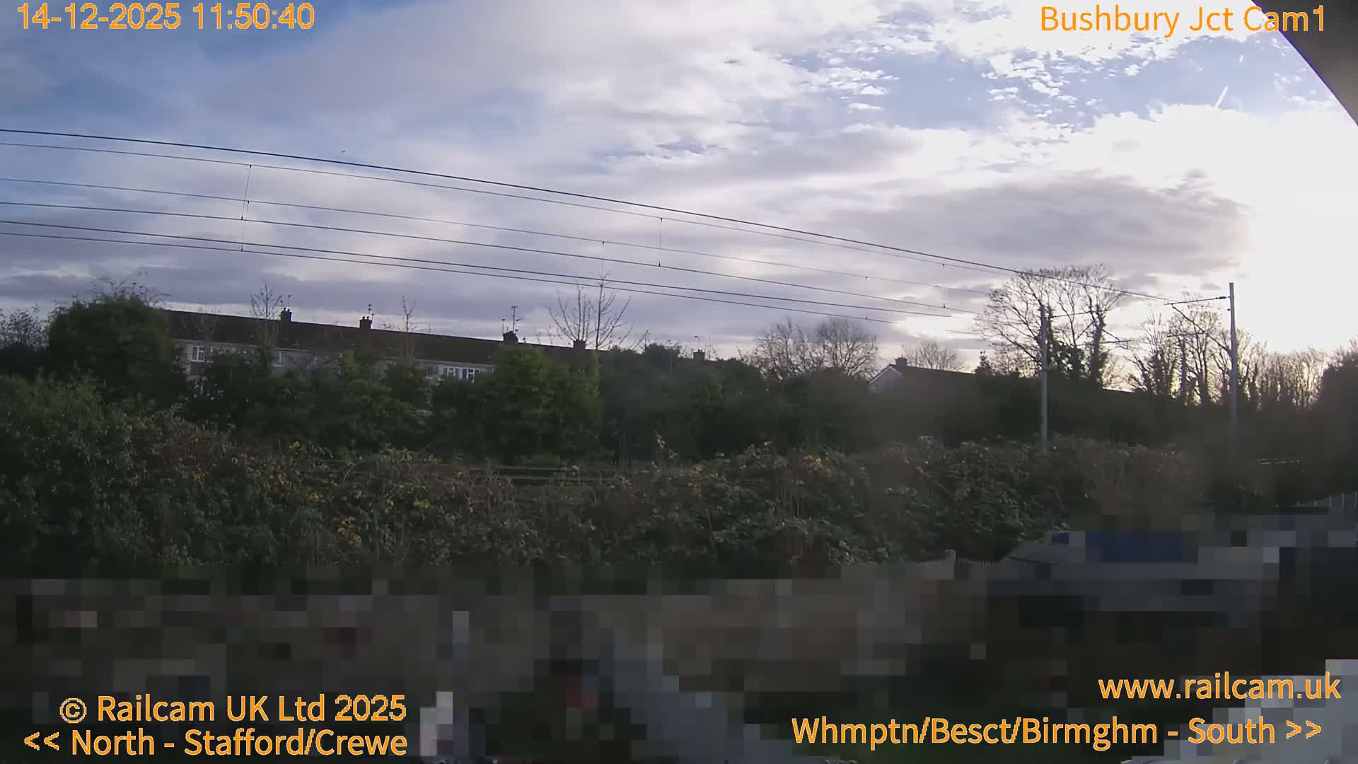 A grainy, low-light night view shows a bright moon in a clear sky above power lines, silhouetted trees, and distant houses.