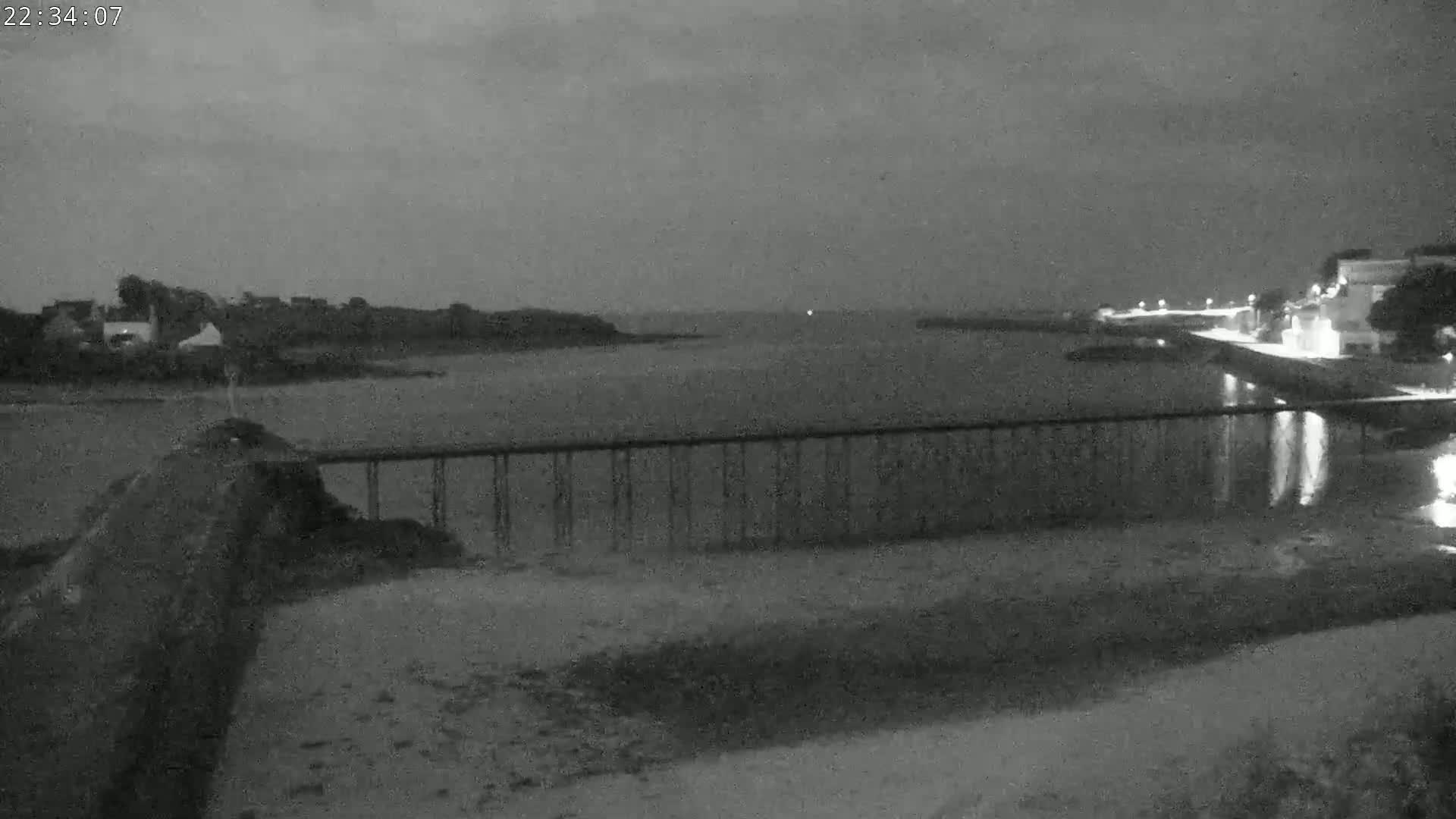 A nighttime view of a calm body of water, bordered by a low stone wall and a metal railing, with buildings and trees visible in the distance under a dark sky.