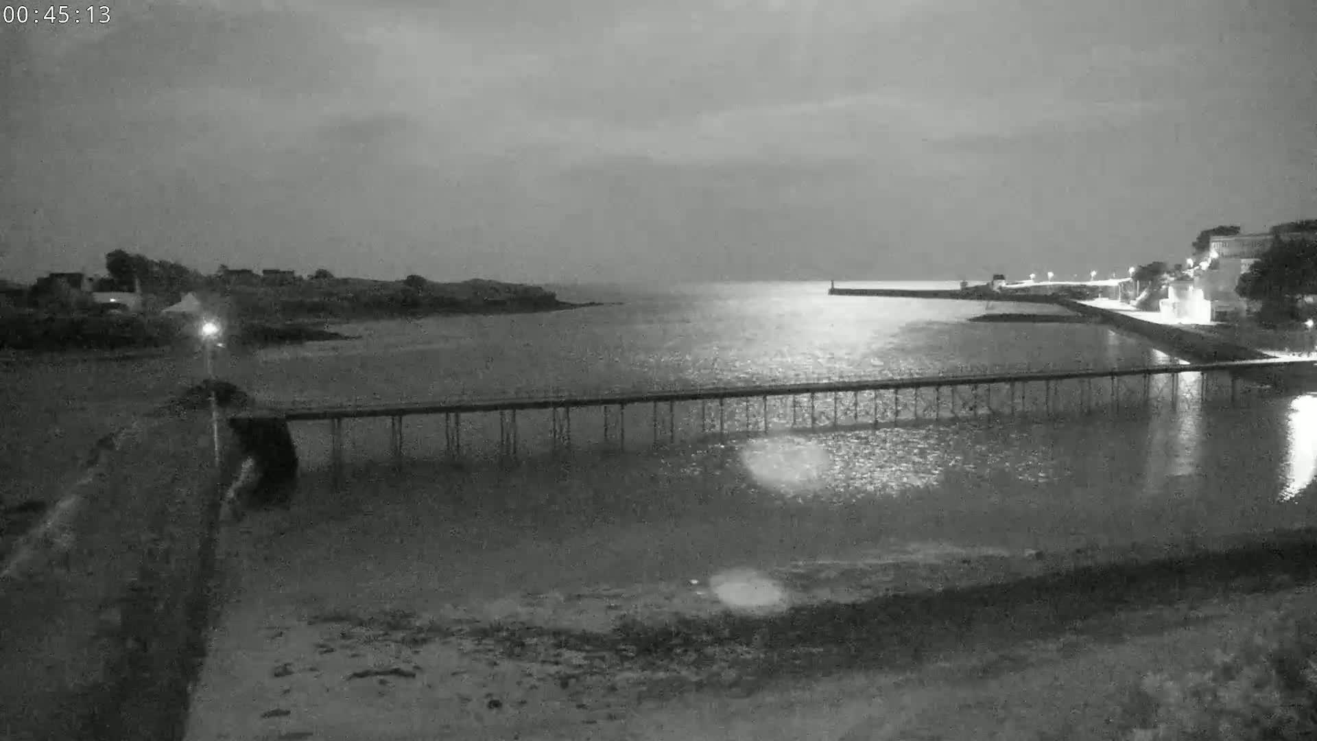 A long pier stretches across a calm, moonlit body of water at night, with land visible on either side.