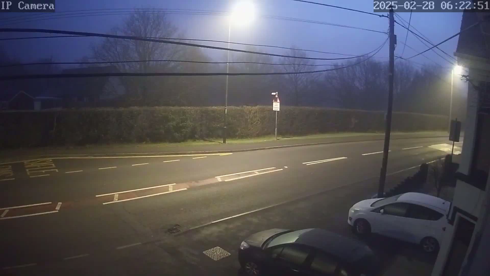 A foggy, dimly lit street at night shows two parked cars and a hedge bordering the road.